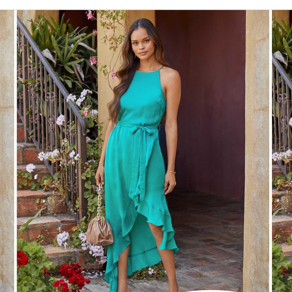 Sunlit Soirée Satin Hi Low Ruffle Maxi Dress